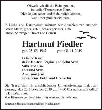 Traueranzeige von Hartmut Fiedler  von Magdeburger Volksstimme