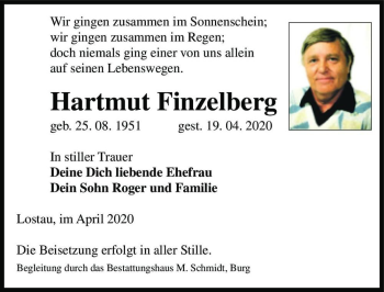 Traueranzeige von Hartmut Finzelberg  von Magdeburger Volksstimme