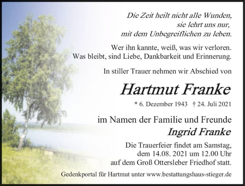  Traueranzeige für Hartmut Franke  vom 07.08.2021 aus Magdeburger Volksstimme