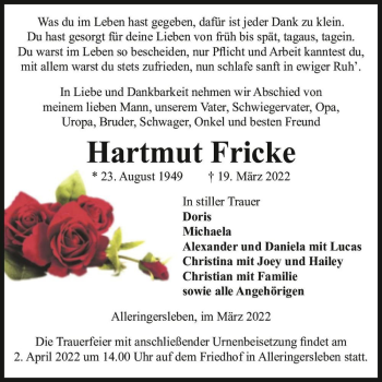 Traueranzeige von Hartmut Fricke  von Magdeburger Volksstimme