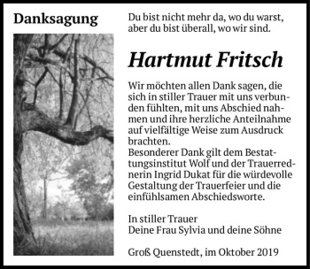 Traueranzeige von Hartmut Fritsch  von Magdeburger Volksstimme