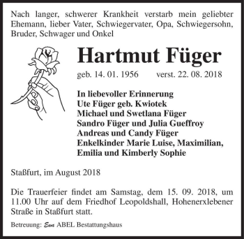 Traueranzeige von Hartmut Füger  von Magdeburger Volksstimme
