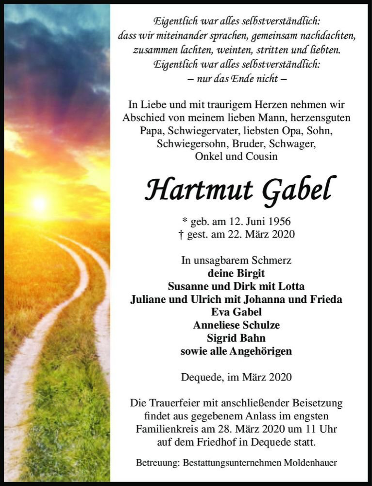  Traueranzeige für Hartmut Gabel  vom 25.03.2020 aus Magdeburger Volksstimme