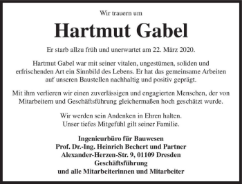 Traueranzeige von Hartmut Gabel  von Magdeburger Volksstimme