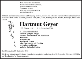 Traueranzeige von Hartmut Geyer  von Magdeburger Volksstimme
