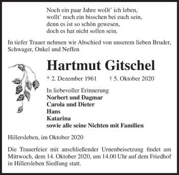 Traueranzeige von Hartmut Gitschel  von Magdeburger Volksstimme