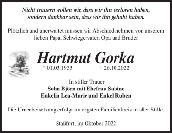 Traueranzeige von Hartmut Gorka  von Magdeburger Volksstimme