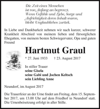 Traueranzeige von Hartmut Graul  von Magdeburger Volksstimme