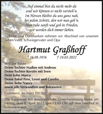 Traueranzeige von Hartmut Graßhoff  von Magdeburger Volksstimme