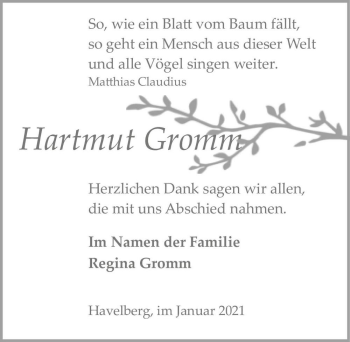 Traueranzeige von Hartmut Gromm  von Magdeburger Volksstimme