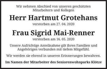 Traueranzeige von Hartmut Grotehans & Sigrid Mai-Renner  von Magdeburger Volksstimme