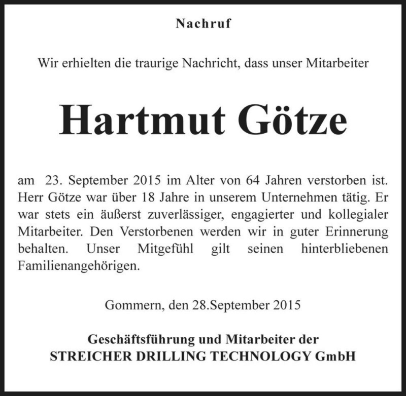  Traueranzeige für Hartmut Götze  vom 30.09.2015 aus Magdeburger Volksstimme