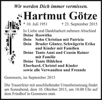 Traueranzeige von Hartmut Götze  von Magdeburger Volksstimme