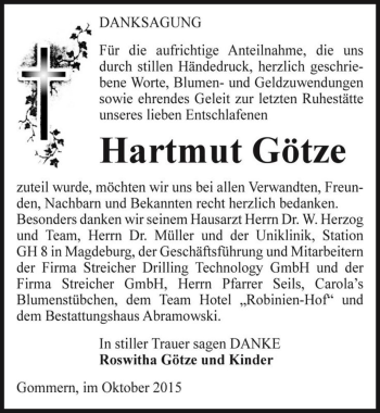 Traueranzeige von Hartmut Götze  von Magdeburger Volksstimme