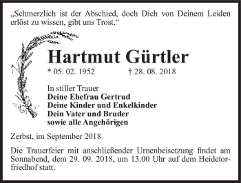 Traueranzeige von Hartmut Gürtler  von Magdeburger Volksstimme