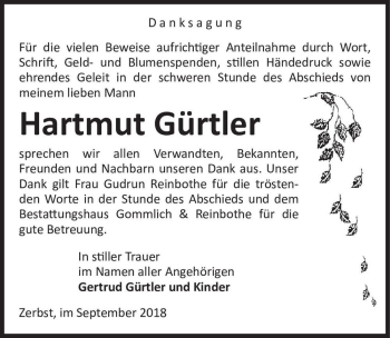 Traueranzeige von Hartmut Gürtler  von Magdeburger Volksstimme