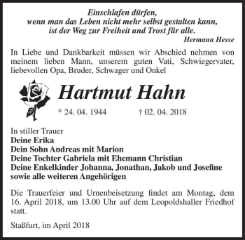 Traueranzeige von Hartmut Hahn  von Magdeburger Volksstimme