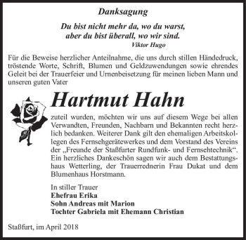 Traueranzeige von Hartmut Hahn  von Magdeburger Volksstimme