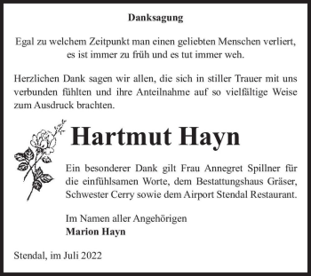 Traueranzeige von Hartmut Hayn  von Magdeburger Volksstimme