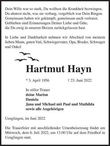 Traueranzeige von Hartmut Hayn  von Magdeburger Volksstimme