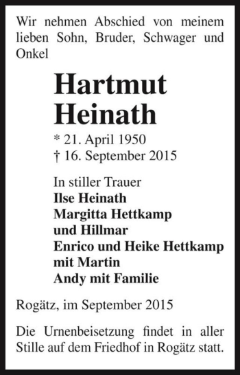 Traueranzeige von Hartmut Heinath  von Magdeburger Volksstimme