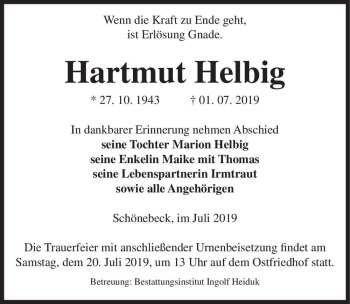 Traueranzeige von Hartmut Helbig  von Magdeburger Volksstimme