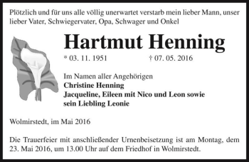 Traueranzeige von Hartmut Henning  von Magdeburger Volksstimme