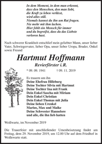 Traueranzeige von Hartmut Hoffmann  von Magdeburger Volksstimme