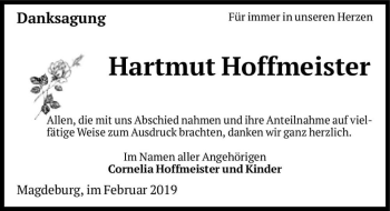 Traueranzeige von Hartmut Hoffmeister  von Magdeburger Volksstimme