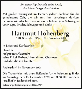 Traueranzeige von Hartmut Hohenberg  von Magdeburger Volksstimme