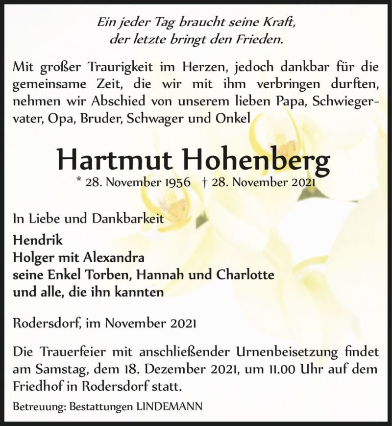  Traueranzeige für Hartmut Hohenberg  vom 11.12.2021 aus Magdeburger Volksstimme