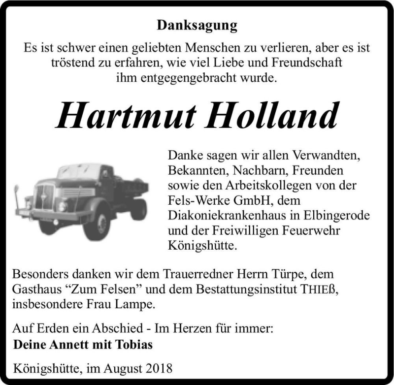  Traueranzeige für Hartmut Holland  vom 11.08.2018 aus Magdeburger Volksstimme