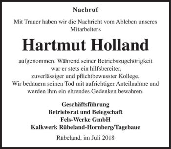 Traueranzeige von Hartmut Holland  von Magdeburger Volksstimme