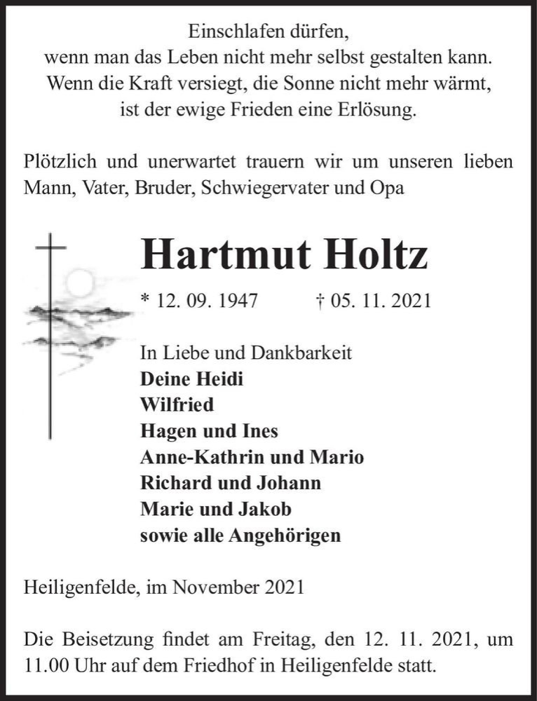  Traueranzeige für Hartmut Holtz  vom 09.11.2021 aus Magdeburger Volksstimme