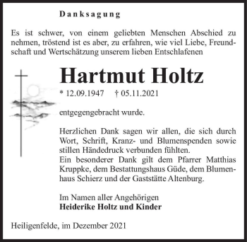 Traueranzeige von Hartmut Holtz  von Magdeburger Volksstimme