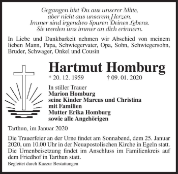 Traueranzeige von Hartmut Homburg  von Magdeburger Volksstimme
