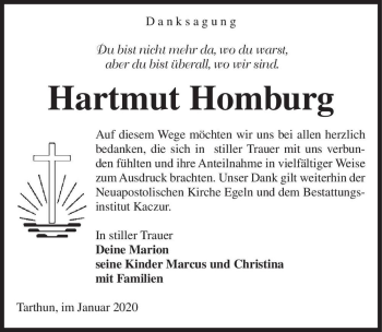 Traueranzeige von Hartmut Homburg  von Magdeburger Volksstimme