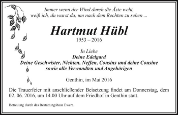 Traueranzeige von Hartmut Hübl  von Magdeburger Volksstimme