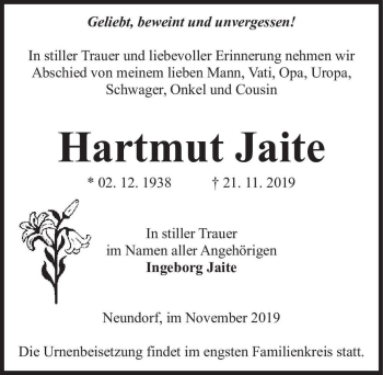 Traueranzeige von Hartmut Jaite  von Magdeburger Volksstimme