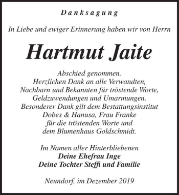 Traueranzeige von Hartmut Jaite  von Magdeburger Volksstimme