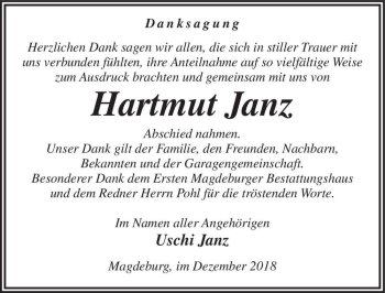 Traueranzeige von Hartmut Janz  von Magdeburger Volksstimme