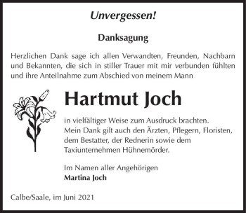 Traueranzeige von Hartmut Joch  von Magdeburger Volksstimme
