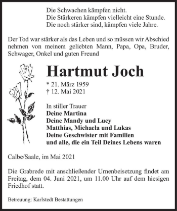 Traueranzeige von Hartmut Joch  von Magdeburger Volksstimme