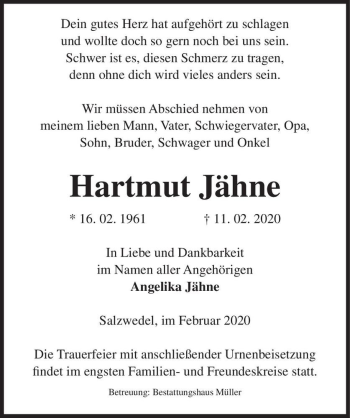 Traueranzeige von Hartmut Jähne  von Magdeburger Volksstimme