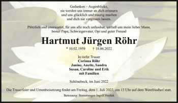 Traueranzeige von Hartmut Jürgen Röhr  von Magdeburger Volksstimme