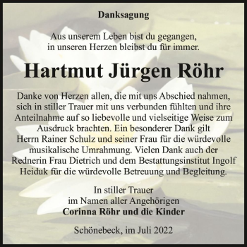 Traueranzeige von Hartmut Jürgen Röhr  von Magdeburger Volksstimme