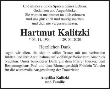 Traueranzeige von Hartmut Kalitzki  von Magdeburger Volksstimme