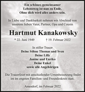 Traueranzeige von Hartmut Kanakowsky  von Magdeburger Volksstimme