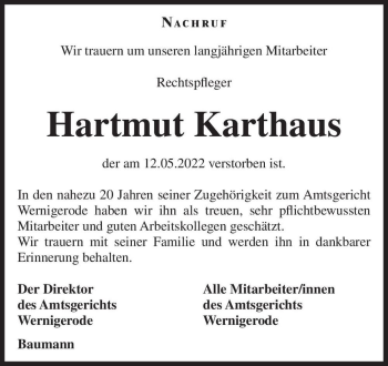 Traueranzeige von Hartmut Karthaus  von Magdeburger Volksstimme