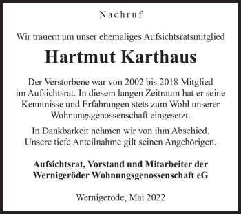 Traueranzeige von Hartmut Karthaus  von Magdeburger Volksstimme